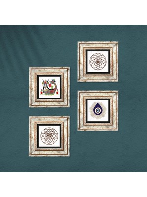 Pinecone Nazar, Yaşam Çiçeği, Sri Yantra, Şahmeran Taş Duvar Tablosu Çerçeveli Duvar Dekoru 4 Parça Tablo Seti Wall Art T4-1411