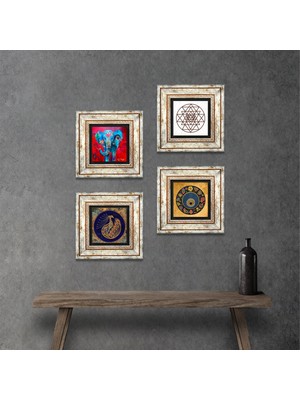Pinecone Stone Fil, Tavus Kuşu, Sri Yantra, Nazar Çerçeveli Taş Duvar Tablosu 4’lü Set - Dekoratif Modern Sanat, Ev ve Ofis Dekoru |TK4-317|