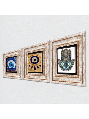 Pinecone Nazar, Fatma Ana Eli (Hamsa) Taş Duvar Tablosu Çerçeveli Duvar Dekoru 3 Parça Tablo Seti Wall Art T3-1994