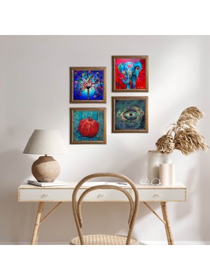 Pinecone Stone Fil, Nazar, Hayat Ağacı, Nar Ahşap Çerçeveli Taş Duvar Tablosu 4’lü Set – 25x25 cm Dekoratif Modern Sanat – Ev ve Ofis Dekoru |W4-866|