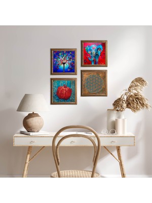 Pinecone Stone Yaşam Çiçeği, Fil, Hayat Ağacı, Nar Ahşap Çerçeveli Taş Duvar Tablosu 4’lü Set – 25x25 cm Dekoratif Modern Sanat – Ev ve Ofis Dekoru |W4-873|