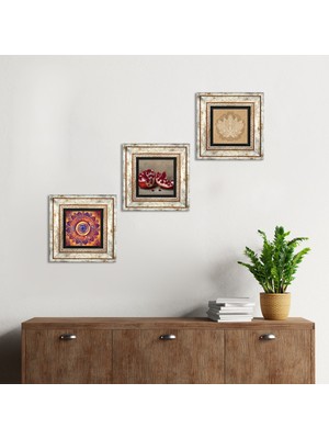 Pinecone Stone Mandala, Lotus Çiçeği, Nar Çerçeveli Taş Duvar Tablosu 3’lü Set - Dekoratif Modern Sanat, Ev ve Ofis Dekoru |TK3-1646|