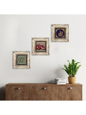 Pinecone Stone Mandala, Tavus Kuşu, Nar Çerçeveli Taş Duvar Tablosu 3’lü Set - Dekoratif Modern Sanat, Ev ve Ofis Dekoru |TK3-1665|