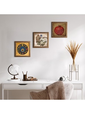 Pinecone Stone Elif, İlk Ayet 'Oku', Allah Lafzı Ahşap Çerçeveli Taş Duvar Tablosu 3’lü Set – 25x25 cm Dekoratif Modern Sanat – Ev ve Ofis Dekoru |W3-276|