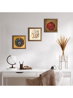 Pinecone Stone Allah Lafzı, Nazar Boncuğu, Bereket Duası Ahşap Çerçeveli Taş Duvar Tablosu 3’lü Set – 25x25 cm Dekoratif Modern Sanat – Ev ve Ofis Dekoru |W3-283|