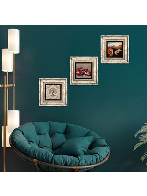 Pinecone Stone Salvador Dalí Belleğin Azmi, Hayat Ağacı, Nar Çerçeveli Taş Duvar Tablosu 3’lü Set - Dekoratif Modern Sanat, Ev ve Ofis Dekoru |TK3-952|