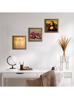 Pinecone Stone Leonardo da Vinci Mona Lisa, Vitruvius Adamı, Nar Ahşap Çerçeveli Taş Duvar Tablosu 3’lü Set – 25x25 cm Dekoratif Modern Sanat – Ev ve Ofis Dekoru |W3-1354|