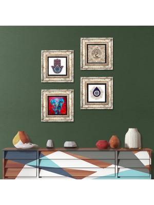 Pinecone Stone Nazar, Fil, Fatma Ana Eli (Hamsa), Hayat Ağacı Çerçeveli Taş Duvar Tablosu 4’lü Set - Dekoratif Modern Sanat, Ev ve Ofis Dekoru |TK4-1441|