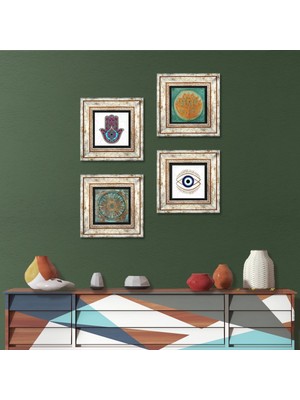 Pinecone Stone Nazar, Lotus Çiçeği, Yaşam Çiçeği, Fatma Ana Eli (Hamsa) Çerçeveli Taş Duvar Tablosu 4’lü Set - Dekoratif Modern Sanat, Ev ve Ofis Dekoru |TK4-1450|