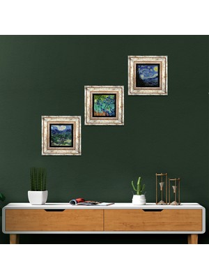 Pinecone Stone Van Gogh Zeytin Ağaçları, İrisler, Yıldızlı Gece Çerçeveli Taş Duvar Tablosu 3’lü Set - Dekoratif Modern Sanat, Ev ve Ofis Dekoru |TK3-572|