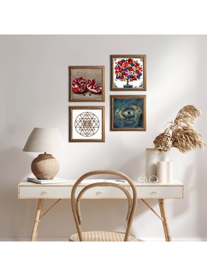 Pinecone Stone Nazar, Sri Yantra, Nar, Nar Ağacı Ahşap Çerçeveli Taş Duvar Tablosu 4’lü Set – 25x25 cm Dekoratif Modern Sanat – Ev ve Ofis Dekoru |W4-1010|