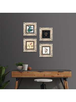 Pinecone Stone Elif Vav, Hayat Ağacı, Lale, Semazen Çerçeveli Taş Duvar Tablosu 4’lü Set - Dekoratif Modern Sanat, Ev ve Ofis Dekoru |TK4-376|