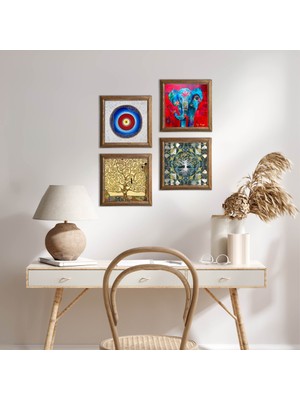Pinecone Stone Nazar, Hayat Ağacı, Fil Ahşap Çerçeveli Taş Duvar Tablosu 4’lü Set – 25x25 cm Dekoratif Modern Sanat – Ev ve Ofis Dekoru |W4-904|
