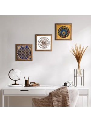 Pinecone Stone Sri Yantra, Yaşam Çiçeği, Nazar Boncuğu Ahşap Çerçeveli Taş Duvar Tablosu 3’lü Set – 25x25 cm Dekoratif Modern Sanat – Ev ve Ofis Dekoru |W3-365|