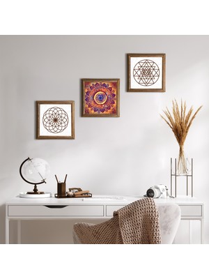 Pinecone Stone Mandala, Yaşam Çiçeği, Sri Yantra Ahşap Çerçeveli Taş Duvar Tablosu 3’lü Set – 25x25 cm Dekoratif Modern Sanat – Ev ve Ofis Dekoru |W3-394|