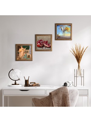 Pinecone Stone Salvador Dalí, İki Müzisyen Kız, Nar Ahşap Çerçeveli Taş Duvar Tablosu 3’lü Set – 25x25 cm Dekoratif Modern Sanat – Ev ve Ofis Dekoru |W3-1519|