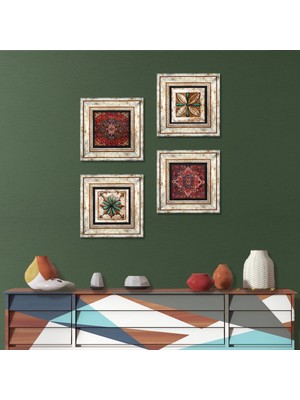 Pinecone Stone Desen, Fas Desenli Vintage Çerçeveli Taş Duvar Tablosu 4’lü Set - Dekoratif Modern Sanat, Ev ve Ofis Dekoru |TK4-1476|