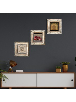 Pinecone Stone Ayet-el Kürsi, Hayat Ağacı, Nar Çerçeveli Taş Duvar Tablosu 3’lü Set - Dekoratif Modern Sanat, Ev ve Ofis Dekoru |TK3-912|