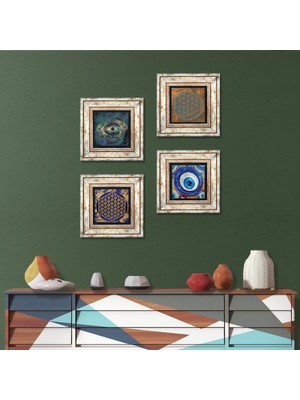 Pinecone Nazar, Yaşam Çiçeği Taş Duvar Tablosu Çerçeveli Duvar Dekoru 4 Parça Tablo Seti Wall Art T4-1602