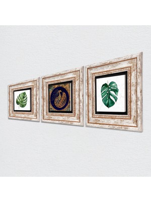 Pinecone Yaprak, Tavus Kuşu Taş Duvar Tablosu Çerçeveli Duvar Dekoru 3 Parça Tablo Seti Wall Art T3-417