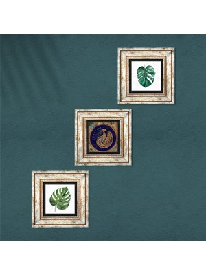 Pinecone Yaprak, Tavus Kuşu Taş Duvar Tablosu Çerçeveli Duvar Dekoru 3 Parça Tablo Seti Wall Art T3-417