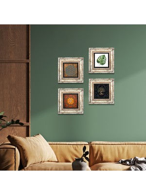 Pinecone Stone Yaşam Çiçeği, Yaprak, Sri Yantra, Hayat Ağacı Çerçeveli Taş Duvar Tablosu 4’lü Set - Dekoratif Modern Sanat, Ev ve Ofis Dekoru |TK4-519|
