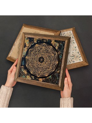 Pinecone Sri Yantra, Lotus Çiçeği, Yaşam Çiçeği, Nazar Taş Duvar Tablosu Ahşap Çerçeveli Duvar Dekoru 6 Parça Tablo Seti Wall Art W6-60