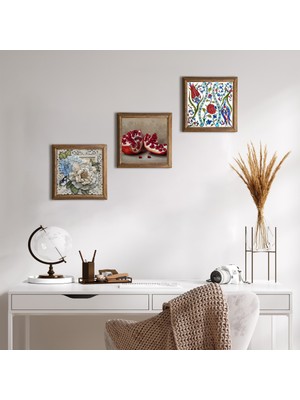 Pinecone Stone Çini Sanatı Lale, Kelebekli Çiçek, Nar Ahşap Çerçeveli Taş Duvar Tablosu 3’lü Set – 25x25 cm Dekoratif Modern Sanat – Ev ve Ofis Dekoru |W3-1166|