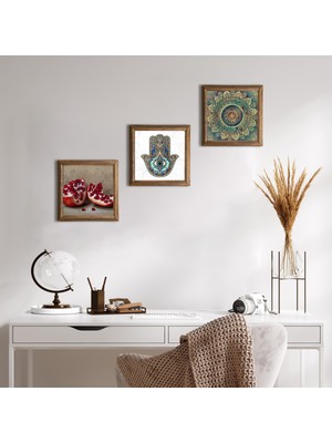 Pinecone Stone Mandala, Nar, Fatma Ana Eli (Hamsa) Ahşap Çerçeveli Taş Duvar Tablosu 3’lü Set – 25x25 cm Dekoratif Modern Sanat – Ev ve Ofis Dekoru |W3-758|