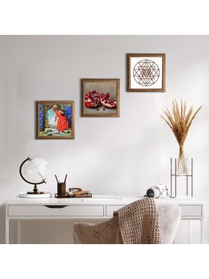 Pinecone Stone Sri Yantra, Kaplumbağa Terbiyecisi, Nar Ahşap Çerçeveli Taş Duvar Tablosu 3’lü Set – 25x25 cm Dekoratif Modern Sanat – Ev ve Ofis Dekoru |W3-1543|