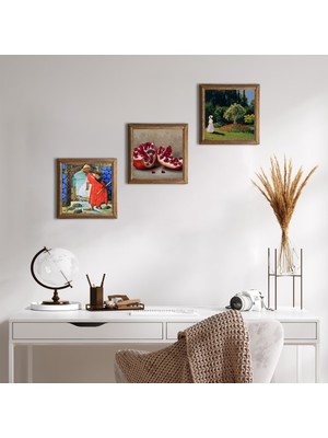 Pinecone Stone Claude Monet Bahçedeki Kadın, Kaplumbağa Terbiyecisi, Nar Ahşap Çerçeveli Taş Duvar Tablosu 3’lü Set – 25x25 cm Dekoratif Modern Sanat – Ev ve Ofis Dekoru |W3-1567|