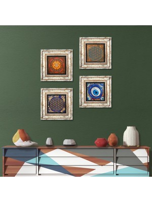 Pinecone Nazar, Yaşam Çiçeği, Sri Yantra Taş Duvar Tablosu Çerçeveli Duvar Dekoru 4 Parça Tablo Seti Wall Art T4-1594