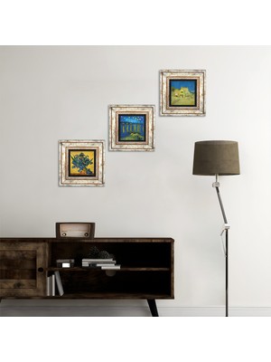 Pinecone Stone Van Gogh Sarı Ev, Ren Nehri’nde Yıldızlı Bir Gece, Süsenler Çerçeveli Taş Duvar Tablosu 3’lü Set - Dekoratif Modern Sanat, Ev ve Ofis Dekoru |TK3-518|