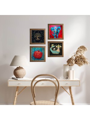 Pinecone Fil, Hayat Ağacı, Şahmeran, Nar Taş Duvar Tablosu Ahşap Çerçeveli Duvar Dekoru 4 Parça Tablo Seti Wall Art W4-855