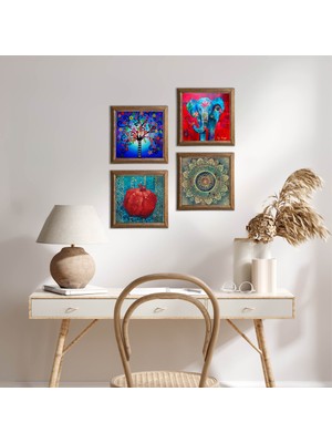 Pinecone Stone Mandala, Fil, Hayat Ağacı, Nar Ahşap Çerçeveli Taş Duvar Tablosu 4’lü Set – 25x25 cm Dekoratif Modern Sanat – Ev ve Ofis Dekoru |W4-869|