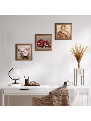 Pinecone Stone Soteria Mozaiği, Kelebekli Çiçek, Nar Ahşap Çerçeveli Taş Duvar Tablosu 3’lü Set – 25x25 cm Dekoratif Modern Sanat – Ev ve Ofis Dekoru |W3-1221|