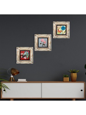 Pinecone Stone Kelebek, Kuş, Pembe Ortanca Çiçeği Çerçeveli Taş Duvar Tablosu 3’lü Set - Dekoratif Modern Sanat, Ev ve Ofis Dekoru |TK3-1843|