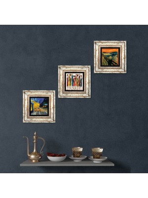 Pinecone Stone Van Gogh Kafe Terasta Gece, Çığlık, Yerli Kadınlar Çerçeveli Taş Duvar Tablosu 3’lü Set - Dekoratif Modern Sanat, Ev ve Ofis Dekoru |TK3-1857|