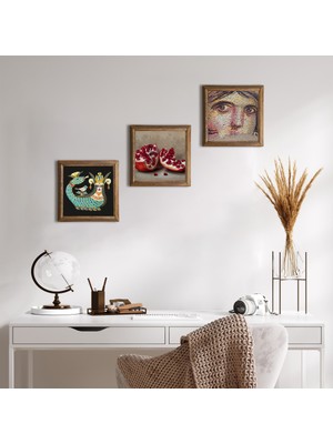 Pinecone Çingene Kızı Mozaiği, Şahmeran, Nar Taş Duvar Tablosu Ahşap Çerçeveli Duvar Dekoru 3 Parça Tablo Seti Wall Art W3-973