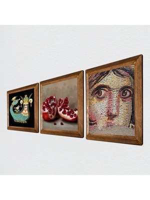 Pinecone Çingene Kızı Mozaiği, Şahmeran, Nar Taş Duvar Tablosu Ahşap Çerçeveli Duvar Dekoru 3 Parça Tablo Seti Wall Art W3-973