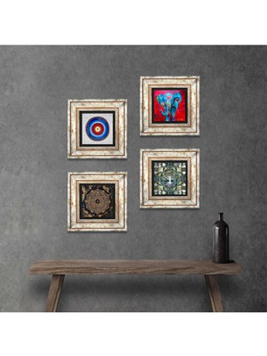 Pinecone Stone Nazar, Hayat Ağacı, Fil, Sri Yantra Çerçeveli Taş Duvar Tablosu 4’lü Set - Dekoratif Modern Sanat, Ev ve Ofis Dekoru |TK4-891|