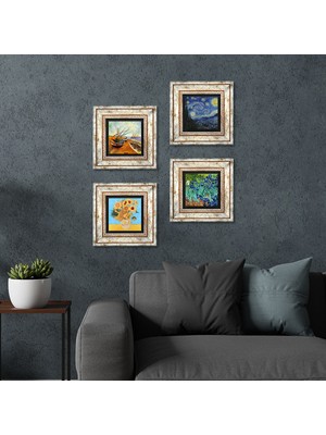 Pinecone Stone Van Gogh Çerçeveli Taş Duvar Tablosu 4’lü Set - Dekoratif Modern Sanat, Ev ve Ofis Dekoru |TK4-72|