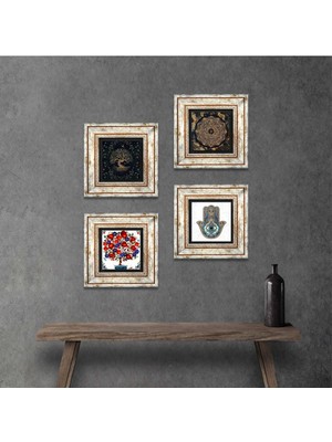 Pinecone Stone Sri Yantra, Hayat Ağacı, Nar Ağacı, Fatma Ana Eli (Hamsa) Çerçeveli Taş Duvar Tablosu 4’lü Set - Dekoratif Modern Sanat, Ev ve Ofis Dekoru |TK4-733|