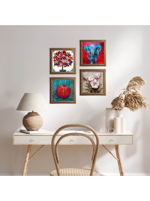 Pinecone Stone Fil, Kelebekli Çiçek, Nar Ağacı, Nar Ahşap Çerçeveli Taş Duvar Tablosu 4’lü Set – 25x25 cm Dekoratif Modern Sanat – Ev ve Ofis Dekoru |W4-876|