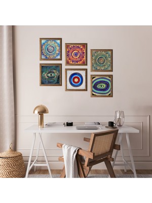 Pinecone Mandala, Nazar Taş Duvar Tablosu Ahşap Çerçeveli Duvar Dekoru 6 Parça Tablo Seti Wall Art W6-36