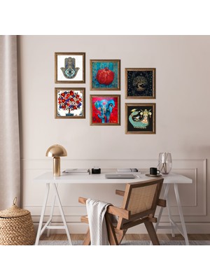 Pinecone Fil, Hayat Ağacı, Şahmeran, Nar Ağacı, Nar, Fatma Ana Eli (Hamsa) Taş Duvar Tablosu Ahşap Çerçeveli Duvar Dekoru 6 Parça Tablo Seti Wall Art W6-67