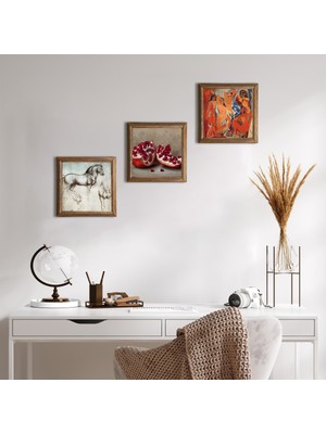 Pinecone Stone Picasso Avignonlu Kızlar, Leonardo da Vinci At Heykeli, Nar Ahşap Çerçeveli Taş Duvar Tablosu 3’lü Set – 25x25 cm Dekoratif Modern Sanat – Ev ve Ofis Dekoru |W3-1347|