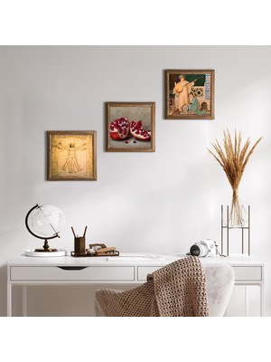 Pinecone Stone İki Müzisyen Kız, Leonardo da Vinci Vitruvius Adamı, Nar Ahşap Çerçeveli Taş Duvar Tablosu 3’lü Set – 25x25 cm Dekoratif Modern Sanat – Ev ve Ofis Dekoru |W3-1355|
