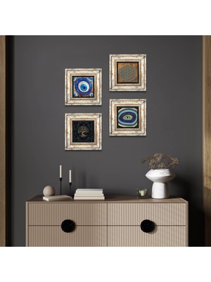 Pinecone Stone Yaşam Çiçeği, Nazar, Hayat Ağacı Çerçeveli Taş Duvar Tablosu 4’lü Set - Dekoratif Modern Sanat, Ev ve Ofis Dekoru |TK4-1263|