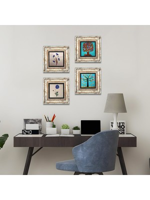 Pinecone Stone Ebru Sanatı, Hayat Ağacı Çerçeveli Taş Duvar Tablosu 4’lü Set - Dekoratif Modern Sanat, Ev ve Ofis Dekoru |TK4-127|